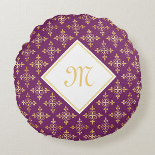 Coussins Ronds Monogramme de luxe violet et or Quatre Floral