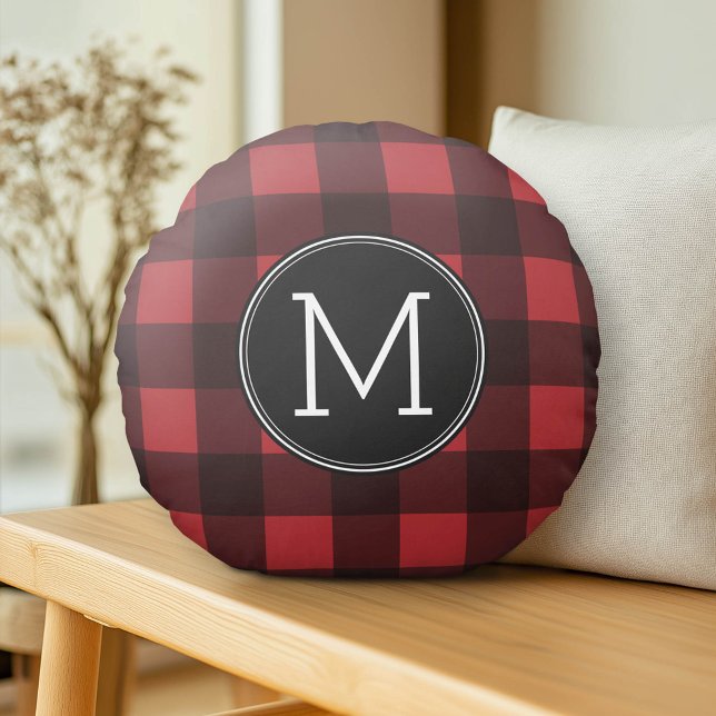Coussins Ronds Monogramme de Motif de buffle rouge et noir rustiq (Custom Pillow)