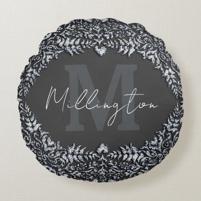Coussins Ronds Monogramme Diamant noir et argent de luxe (Devant)