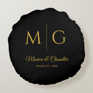 Coussins Ronds Monogramme élégant avec nom de couple Noir