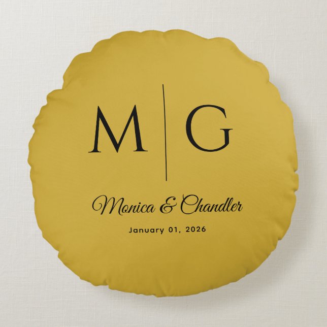 Coussins Ronds Monogramme Élégant Avec Noms De Couple Métal Doré (Devant)