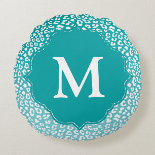 Coussins Ronds Monogramme Empreinte de léopard Turquoise