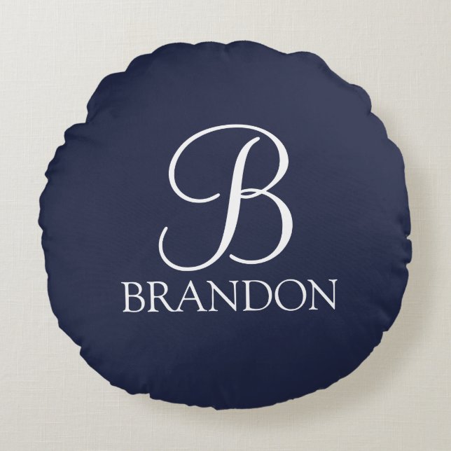 Coussins Ronds Monogramme et nom de script personnalisé bleu mari (Devant)