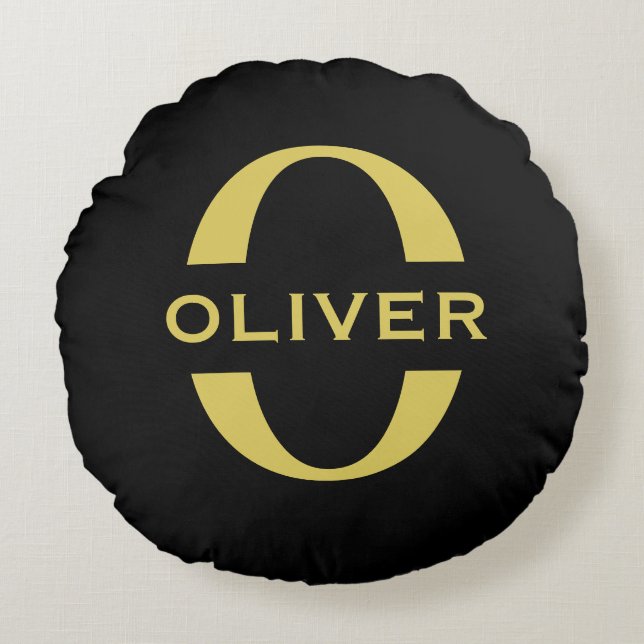 Coussins Ronds Monogramme Et Nom Personnalisés Noir Et Or (Devant)