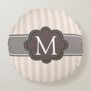 Coussins Ronds Monogramme fait sur commande Brown de rayures