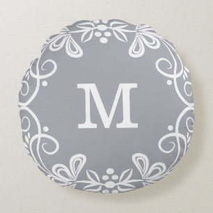 Coussins Ronds Monogramme fait sur commande de blanc gris