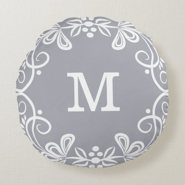Coussins Ronds Monogramme fait sur commande de blanc gris (Devant)