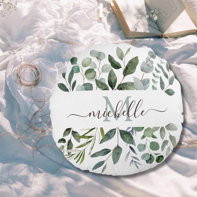 Coussins Ronds Monogramme feuilles de verdure d'eucalyptus vert s (In situ)
