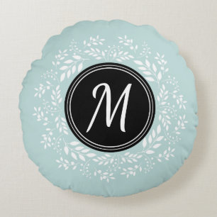 Coussins Ronds Monogramme floral bleu clair contemporain