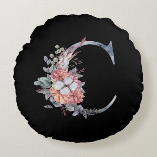 Coussins Ronds Monogramme floral bleu personnalisé C