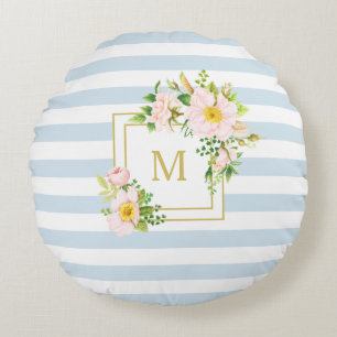 Coussins Ronds Monogramme Floral Chic Pastel Bleu Bleu Rayures Ro