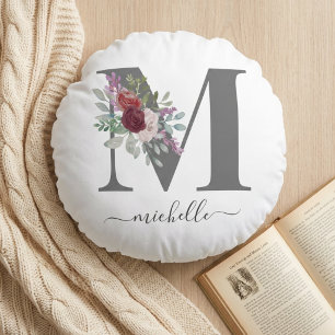 Coussins Ronds Monogramme Floral Initial Nom Moderne
