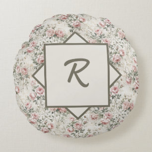Coussins Ronds Monogramme Floral Rose Pâle Chic Vintage