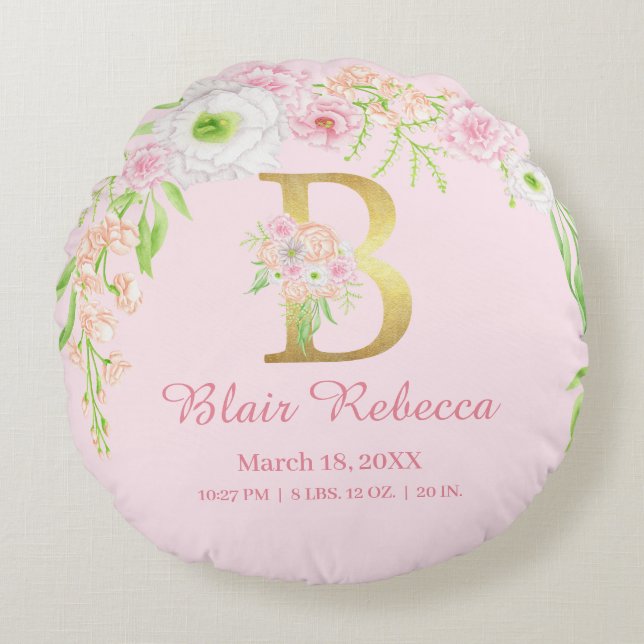 Coussins Ronds Monogramme Floral Rose Statistiques Bébé (Devant)