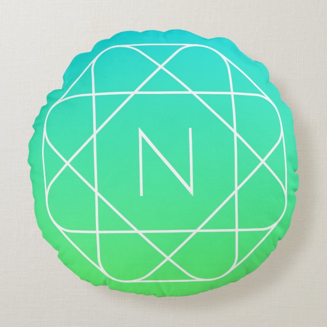 Coussins Ronds Monogramme géométrique cool | Ombre Vert bleu et c (Devant)