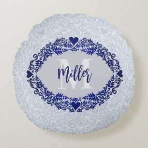 Coussins Ronds Monogramme gris et bleu Damas Nom décoratif