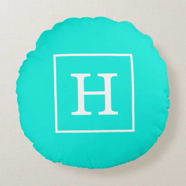 Coussins Ronds Monogramme Initial Cadre Blanc Turquoise Aqua Brt (Devant)