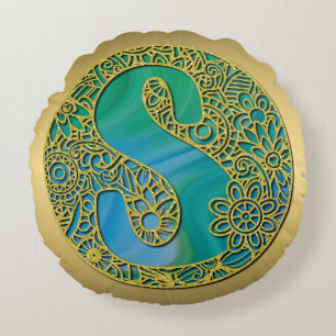 Coussins Ronds Monogramme Initial Moderne Lettre Dorée et Turquoi