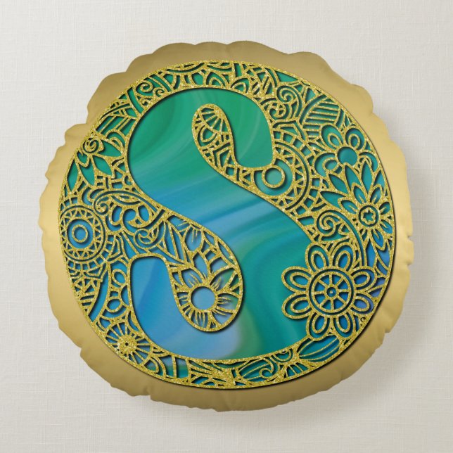 Coussins Ronds Monogramme Initial Moderne Lettre Dorée et Turquoi (Devant)