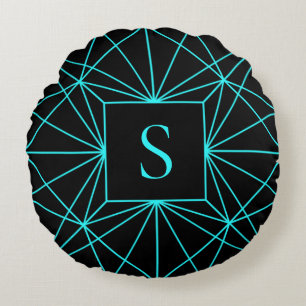 Coussins Ronds Monogramme Initial Motif Géométrique Turquoise