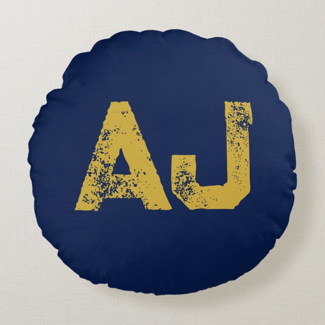 Coussins Ronds Monogramme Lettres Initiales Or & Bleu Simple (Devant)