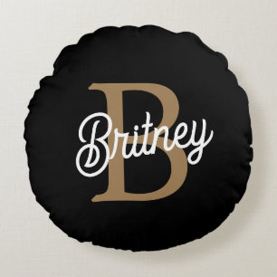Coussins Ronds Monogramme moderne élégant Nom Black Gold Script