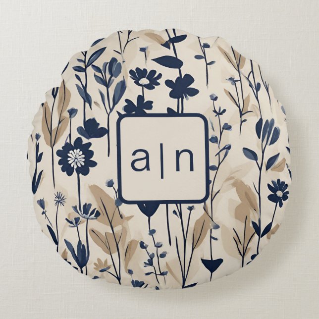 Coussins Ronds Monogramme Moderne Fleur Bleue  (Devant)