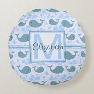 Coussins Ronds Monogramme Motif de baleines bleues mignonnes