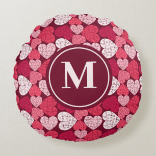 Coussins Ronds Monogramme Motif de puzzle rouge et rose