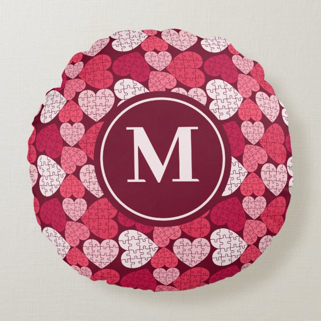 Coussins Ronds Monogramme Motif de puzzle rouge et rose (Devant)
