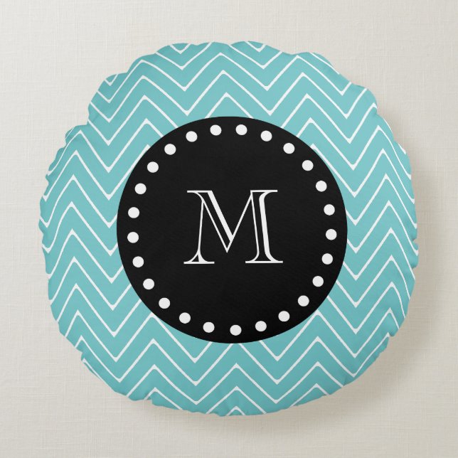 Coussins Ronds Monogramme noir turquoise du motif | de Chevron (Devant)