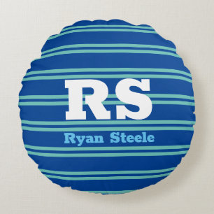 Coussins Ronds Monogramme & nom en gras, Lt Lignes Turquoises sur