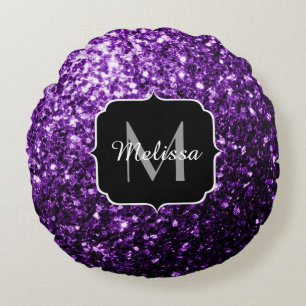 Coussins Ronds Monogramme pailleté brillant faux violet foncé