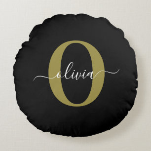 Coussins Ronds Monogramme personnalisé Nom du script Black White