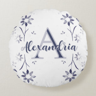 Coussins Ronds Monogramme personnalisé nom floral bleu