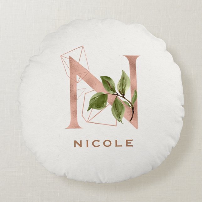 Coussins Ronds Monogramme personnalisé Rose or floral initial N (Devant)