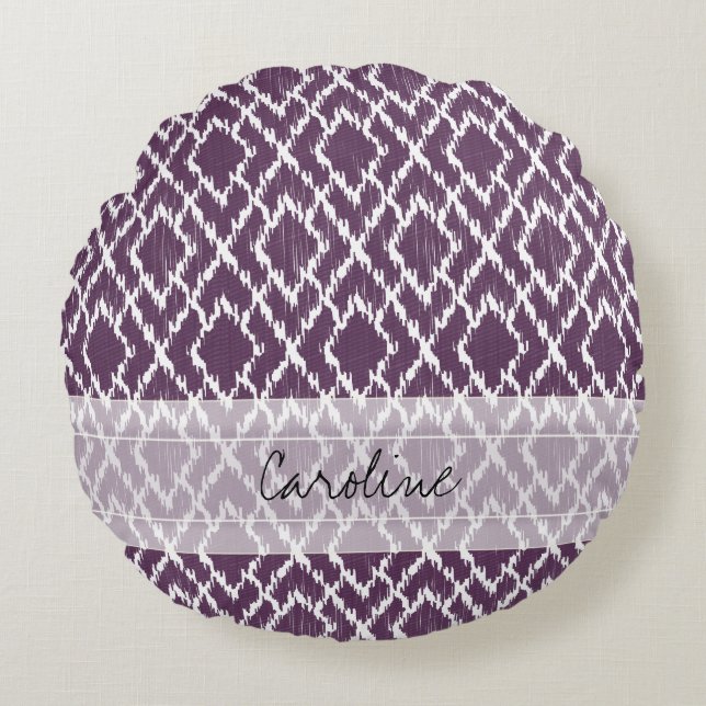 Coussins Ronds Monogramme Plum Purple Tribal Ikat Diamond Motif (Devant)
