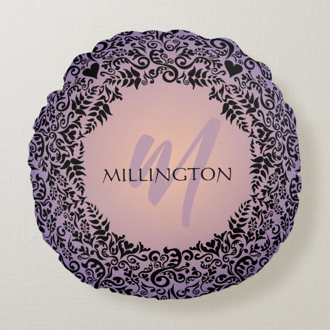 Coussins Ronds Monogramme pourpre et broyer Damas (Devant)