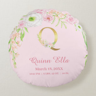 Coussins Ronds Monogramme "Q" en or floral rose Statistiques Bébé