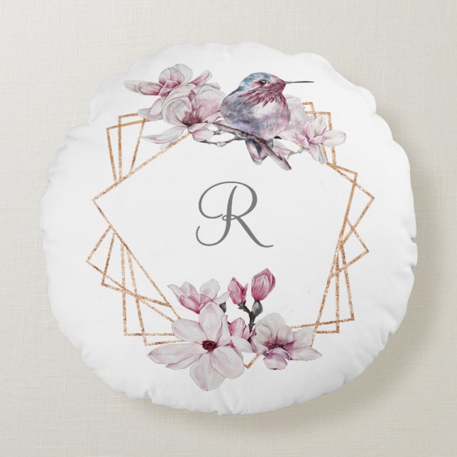 Coussins Ronds Monogramme rose blanc Magnolias Bird Gold Frame (Devant)