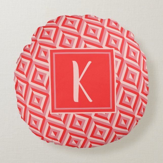Coussins Ronds Monogramme rouge Motif diamant à trois tons (Devant)