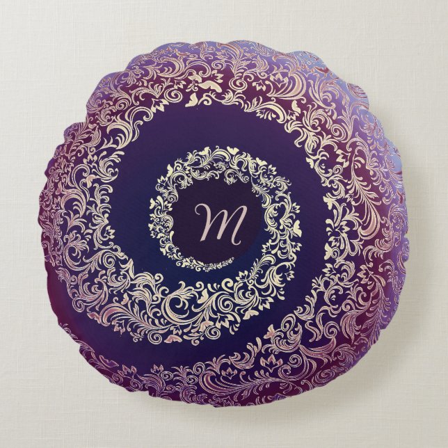 Coussins Ronds Monogramme Royal Purple & Gold Damask (Devant)