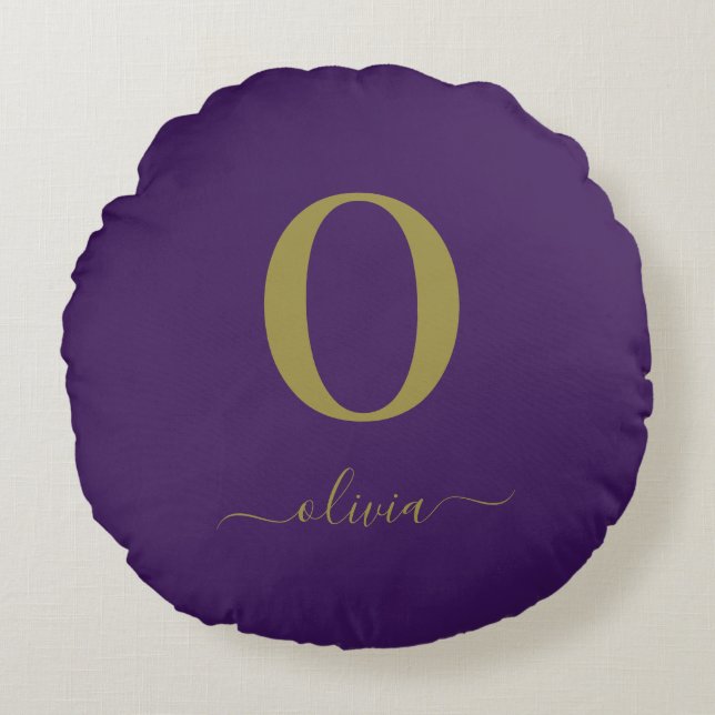 Coussins Ronds Monogramme Script Nom Personnalisé Violet Et Or (Devant)