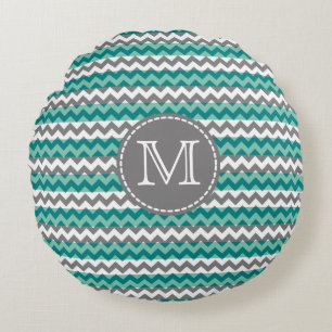 Coussins Ronds Monogramme Turquoise et Grey Chevron Zigzag