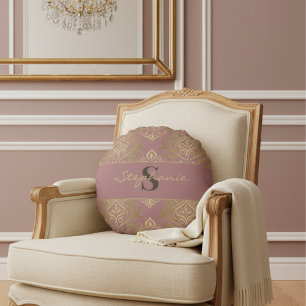 Coussins Ronds Monogramme Vintage Mauve Et Doré Damask