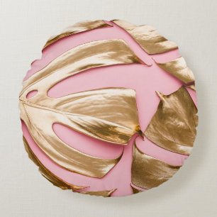 Coussins Ronds Monstera d'or Feuilles : Pastel Pink.