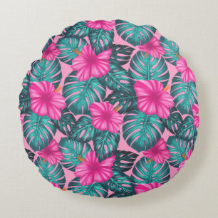 Coussins Ronds Monstera feuilles et Hibiscus Turquoise et rose su