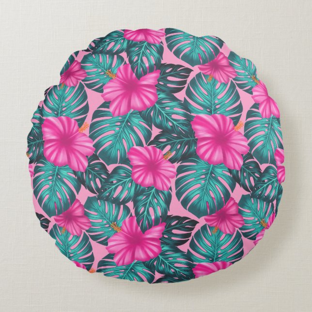 Coussins Ronds Monstera feuilles et Hibiscus Turquoise et rose su (Devant)