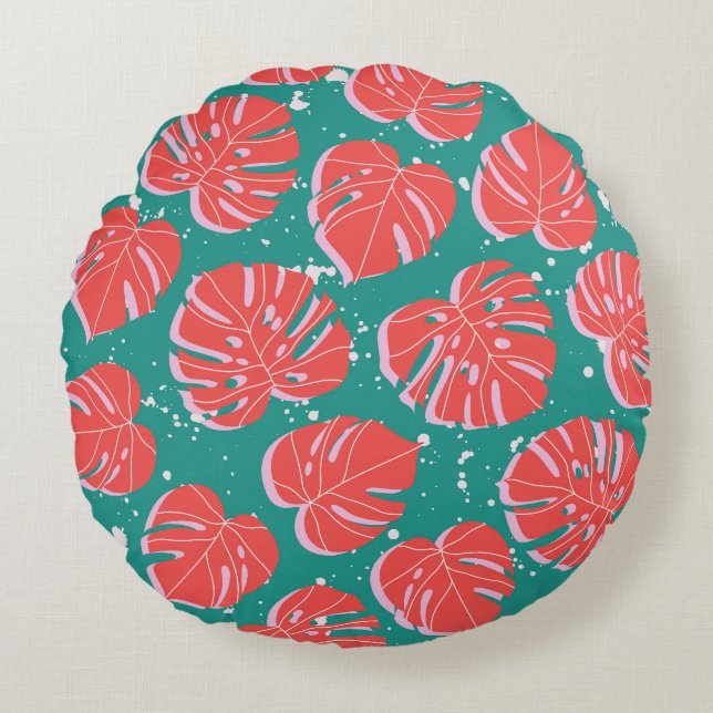 Coussins Ronds Monstère rouge : motif tropical vert (Devant)