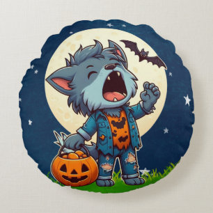 Coussins Ronds Monstre de loup-garou mignon hurlant avec citrouil